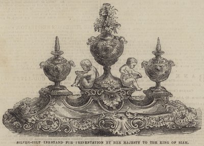 Encrier en argent doré pour présentation par Sa Majesté au roi de Siam (gravure) - English School
