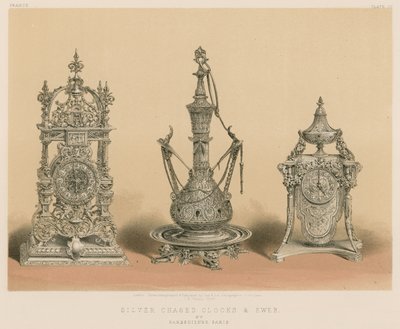 Horloges et aiguière en argent ciselé par Barbedienne, Paris - English School