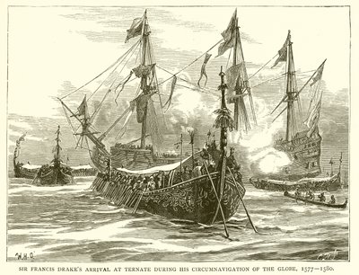 Arrivée de Sir Francis Drake à Ternate lors de son tour du monde, 1577-1580 - English School