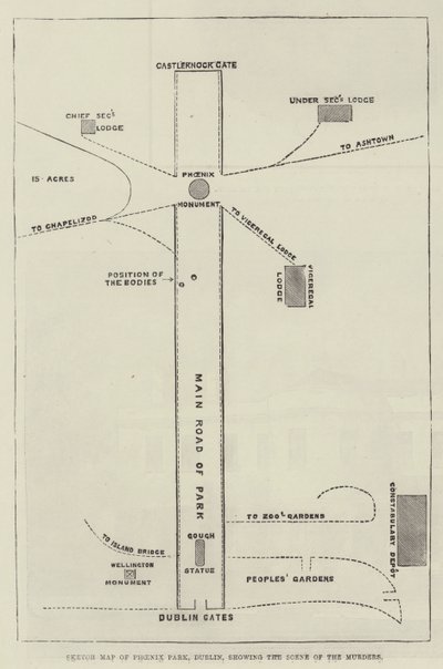 Carte de Phoenix Park, Dublin, montrant la scène des meurtres - English School