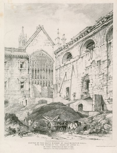 Croquis de la fenêtre sud de Westminster Hall avec les ruines de la Chambre des Lords - English School