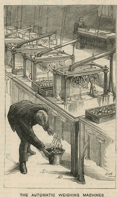 Croquis à la Monnaie Royale, Tower Hill; les machines de pesage automatiques - English School