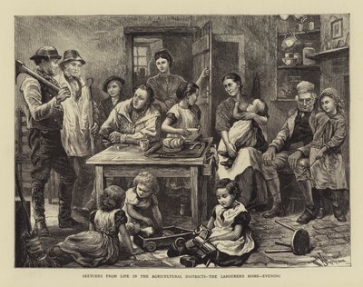 Croquis de la vie dans les districts agricoles, la maison du travailleur, soir (gravure) - English School