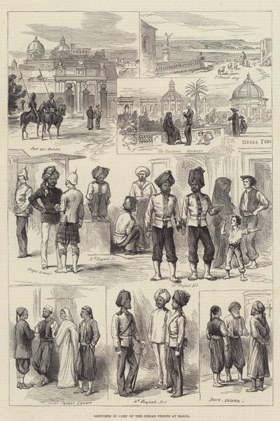 Croquis dans le camp des troupes indiennes à Malte (gravure) - English School