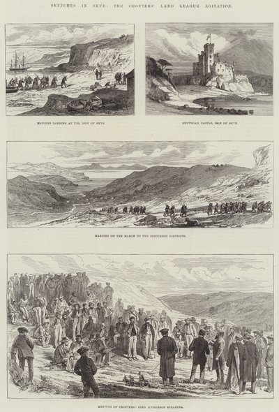 Croquis à Skye, agitation de la Ligue des terres des crofters (gravure) - English School