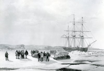 Expédition en traîneau quittant le HMS Investigator dans la baie de Mercy, sous le commandement du lieutenant Gurney Creswell (lithographie) - English School