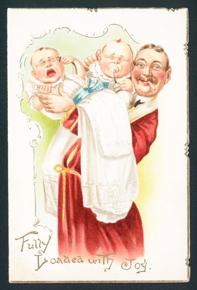 Homme fumant essayant de calmer des bébés, carte de Noël - English School