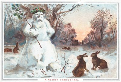 Bonhomme de neige et lièvres, carte de Noël - English School