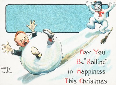 Bonhomme de neige poussant un garçon dans une boule de neige en bas d
