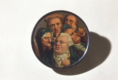 Boîte à tabac peinte à la main avec une scène de différents types de lunettes, début du 19e siècle - English School