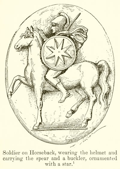 Soldat à cheval, portant le casque et tenant la lance et le bouclier, orné d