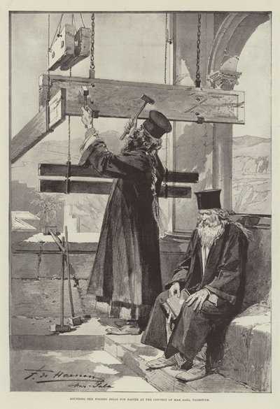 Sonnant les cloches en bois pour Pâques au couvent de Mar Saba, Palestine (gravure) - English School
