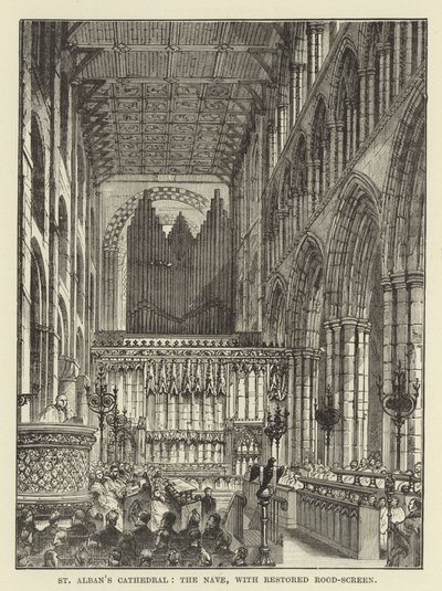 Cathédrale de St Albans, la nef, avec écran de jubé restauré - English School