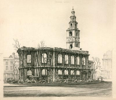 St Mary-Le-Strand, Londres, croquis au crayon daté de 1942 - English School