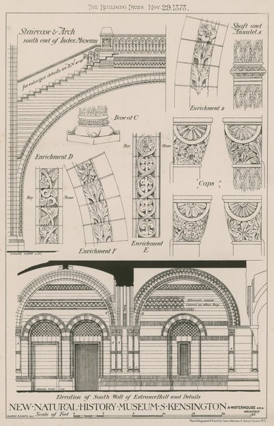 Escalier et arche et élévation du mur sud du hall d