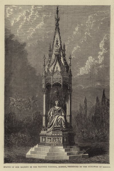 Statue de Sa Majesté dans les jardins Victoria, Bombay, offerte par le Guicowar de Baroda (gravure) - English School