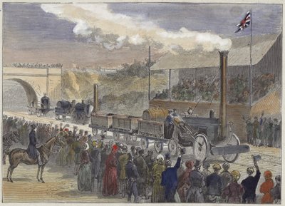 La fusée de Stephenson arrivant en premier à la compétition de locomotives à Rainhill en 1829 - English School