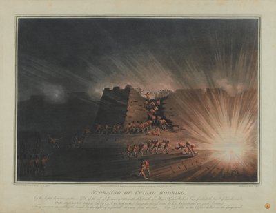 Assaut de Ciudad Rodrigo par la division légère dans la nuit du 19 janvier 1812, gravé par J.H. Clark et H. Merke, publié en février 1815 (aquatinte en couleur) - English School