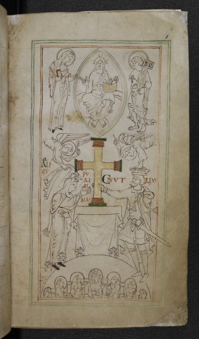 Le roi Cnut et sa reine, Aelfgyfu, présentant une croix sur l