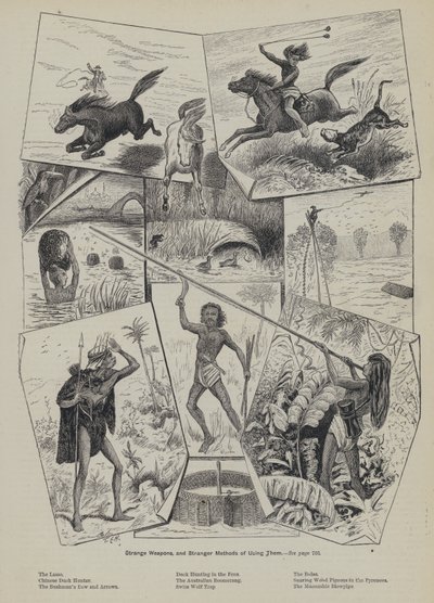 Armes étranges et méthodes encore plus étranges de les utiliser (gravure) - English School