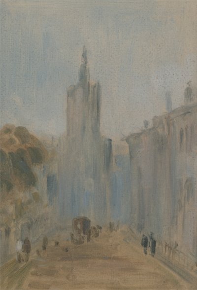 Rue avec église et figures précédemment attribué à J.M.W. Turner (1775-1851) et aussi attribué à Peter de Wint (1784-1849), 1822-25 - English School