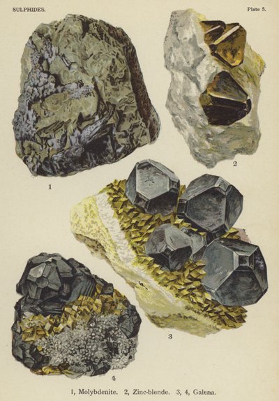 Sulfures, molybdénite, blende de zinc, galène (lithographie en couleur) - English School