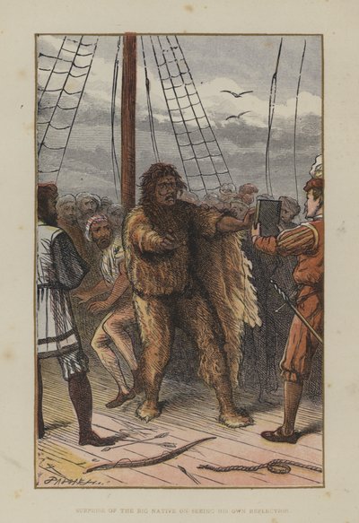 Surprise du grand natif en voyant son propre reflet (gravure en couleur) - English School