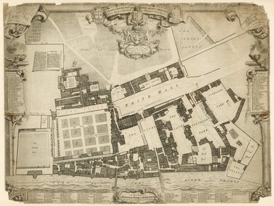 Relevé et plan du Palais Royal de Whitehall, 1680, avec les logements et appartements appartenant à leurs Majestés - English School