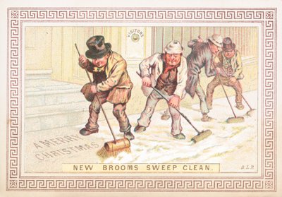 Balayer la neige dans la rue, Carte de Noël - English School