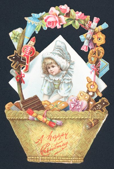 Panier de bonbons et image de fille, carte de Noël - English School