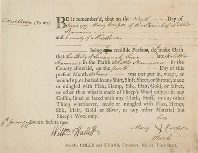 Déclaration sous serment que le corps de Susannah Sims a été enterré dans de la laine de mouton - English School