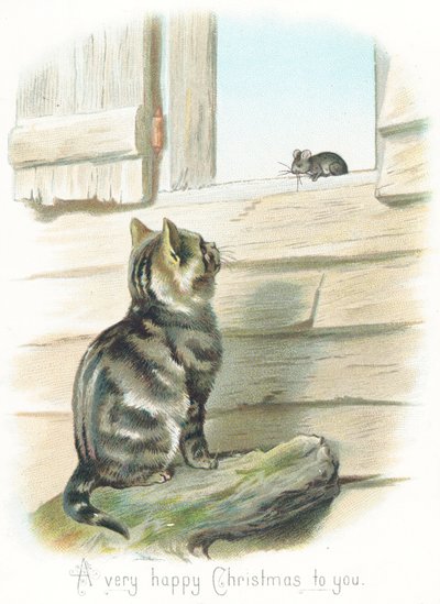 Chat tigré regardant une souris, Carte de Noël - English School