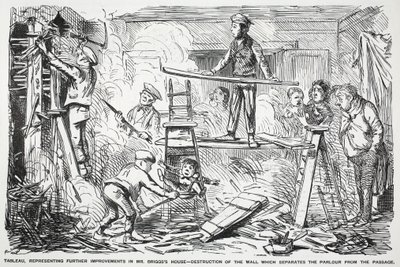 Tableau, représentant de nouvelles améliorations à la maison de M. Briggs - destruction du mur qui sépare le salon du couloir, illustration de Punch - English School