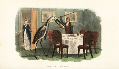 Grue géante apprivoisée volant un poulet entier bouilli de la table à manger - English School