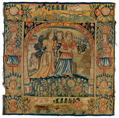 Coussin de tapisserie représentant Suzanne en route pour le bain, fabriqué à Sheldon, Angleterre, après 1600 - English School