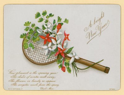 Raquette de tennis et fleurs, carte de Nouvel An - English School