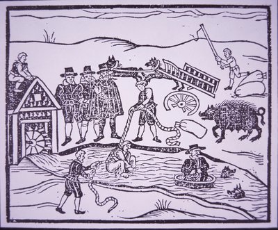 Test des sorcières en les jetant dans une rivière (gravure sur bois) - English School