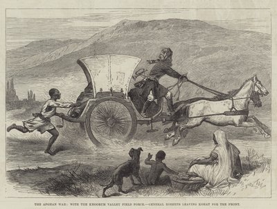 La guerre afghane, avec la force de campagne de la vallée de Khoorum, le général Roberts quittant Kohat pour le front (gravure) - English School