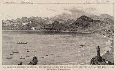 La rébellion des Angherites au Maroc, les combats entre les forces impériales et les rebelles vus de Tanger (gravure) - English School