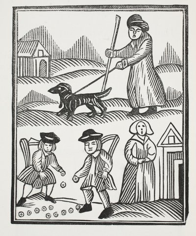 Le mendiant voyageant avec son chien, ramène une grande richesse à la maison, avec laquelle il surpasse le chevalier, et marie son enfant à son grand plaisir, illustration de Chap-books du XVIIIe siècle par John Ashton, pub. 1882 - English School