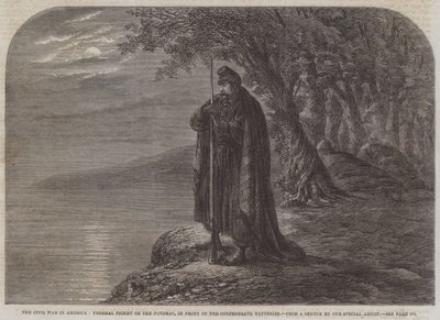 La guerre civile en Amérique, piquet fédéral sur le Potomac, devant les batteries confédérées (gravure) - English School