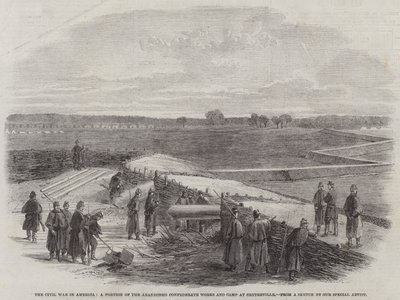 La guerre civile en Amérique, une partie des ouvrages et du camp confédérés abandonnés à Centreville (gravure) - English School