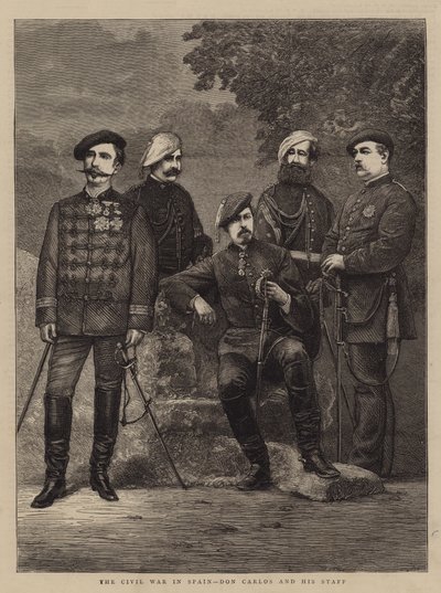 La guerre civile en Espagne, Don Carlos et son état-major (gravure) - English School