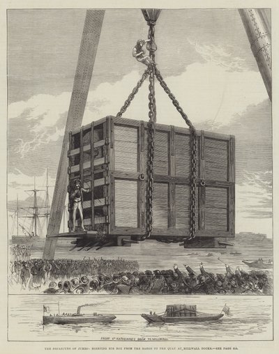 Le départ de Jumbo, hissant sa caisse de la barge au quai à Millwall Docks - English School