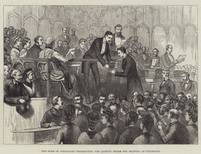 Le duc de Connaught distribuant les prix de la reine pour le dessin à Guildhall (gravure) - English School