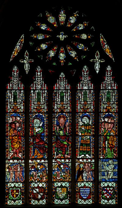 La fenêtre E représentant le Jugement Dernier : Christ, Vierge Marie, Saint Jean Baptiste (rosace - interne) - English School