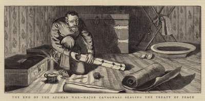 La fin de la guerre afghane, le major Cavagnari scellant le traité de paix (gravure) - English School