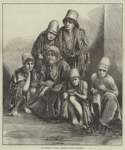 La famine en Perse, les gens affamés à Chiraz (gravure) - English School