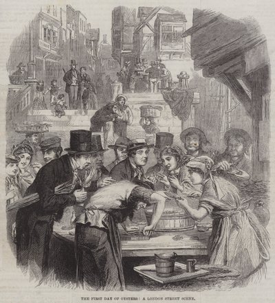 Le premier jour des huîtres, une scène de rue à Londres - English School
