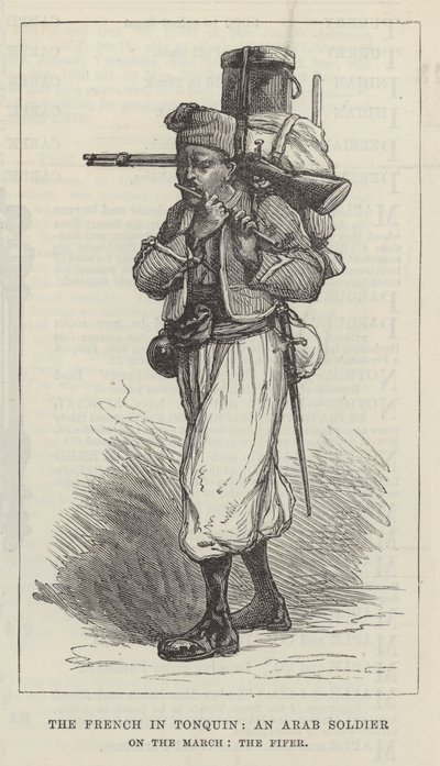 Les Français au Tonkin, un soldat arabe en marche, le fifre (gravure) - English School